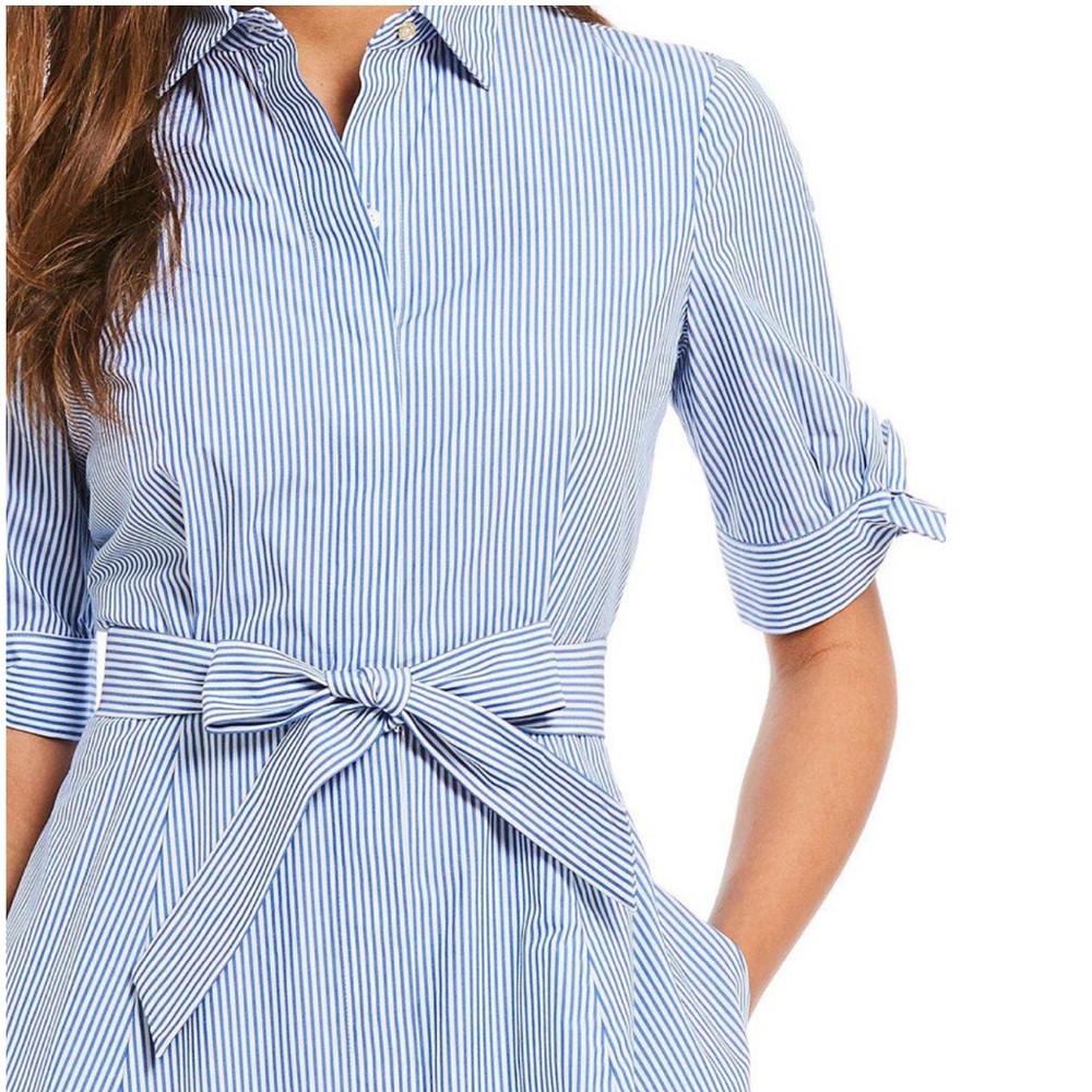 Calvin Klein Blue and White Striped Dress with bow tie sleeves and belt